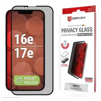Privacy Panzerglas ochranný kryt displeja e.v.i. Displex (10H) pre Apple iPhone 16e/17e s filtrom proti videniu, odolný proti nárazom a poškriabaniu