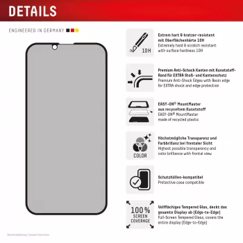 Privacy Panzerglas ochranný kryt displeja e.v.i. Displex (10H) pre Apple iPhone 16e/17e s filtrom proti videniu, odolný proti nárazom a poškriabaniu
