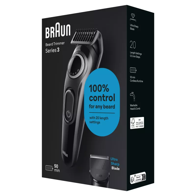 Braun BeardTrimmer 3 Beard Trm 3 BT3400, umývateľný, batéria, čierna