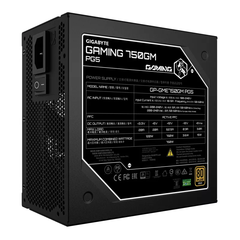 GIGABYTE GAMING 750GM PG5 napájací zdroj - PCIe 5.1, 80 PLUS Gold, plne modulárna konštrukcia, 135 mm ventilátor, kompatibilný s ATX 3.1, EU konektor