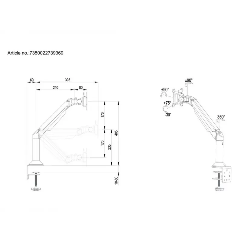 Multibrackets M VESA Gas Lift Arm držiak na stôl alebo stenu Basic čierna svorka/prevlečná montáž 10 kg