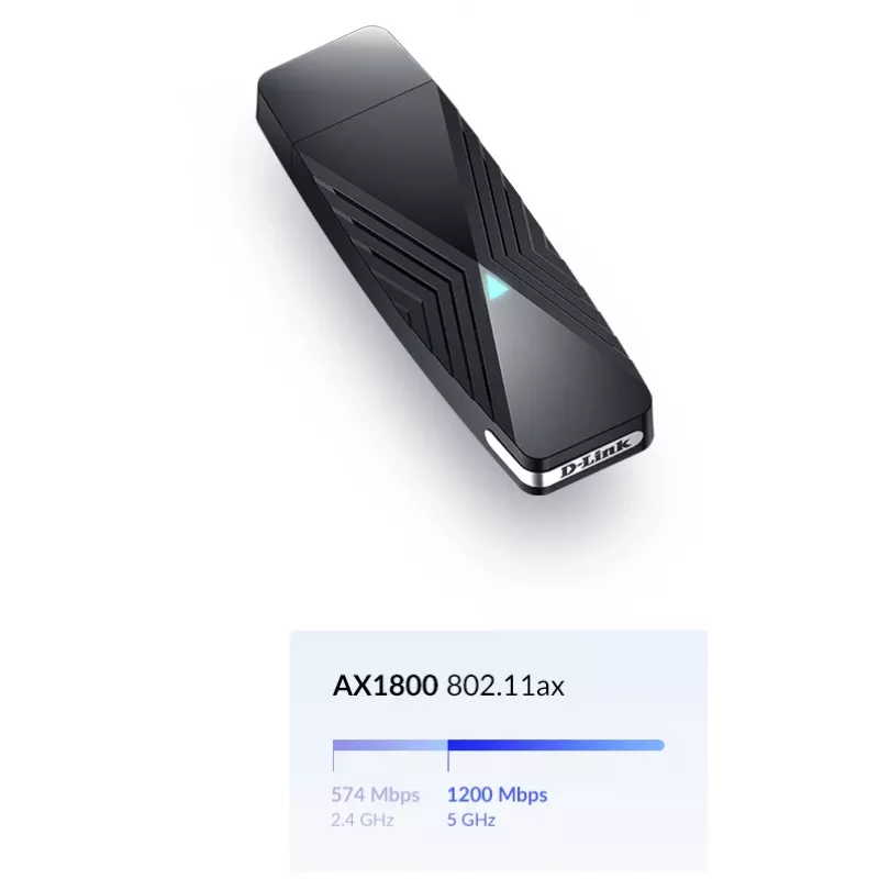 D-Link AX1800 Wi-Fi USB adaptér, Wireless, USB, WLAN, Wi-Fi 6 (802.11ax), 1800 Mbit/s, čierny