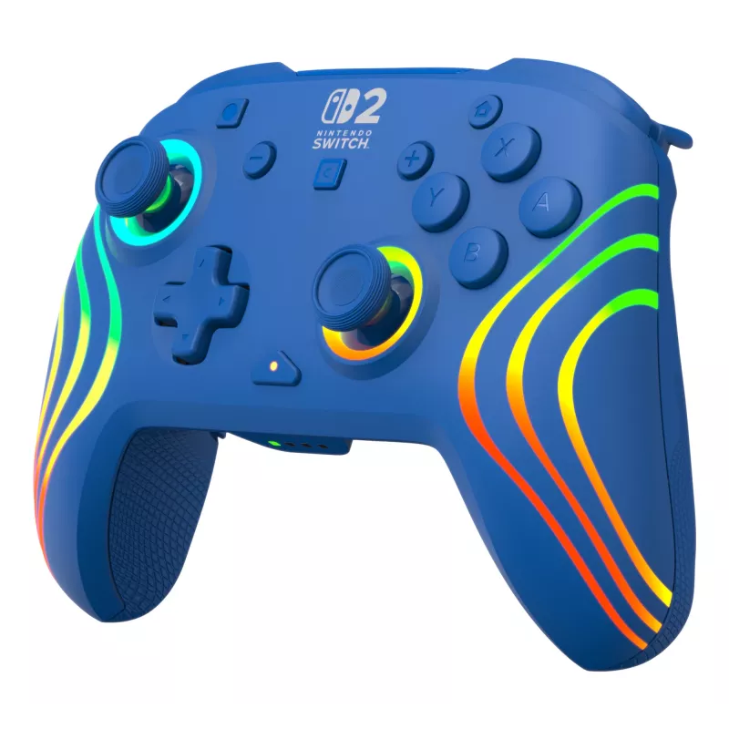 Káblový a bezdrôtový gamepad Turtle Beach Afterglow Wave Blue pre Nintendo Switch 2 – Bluetooth/USB-C, RGB, integrovaná 20-hodinová batéria, 3 m kábel