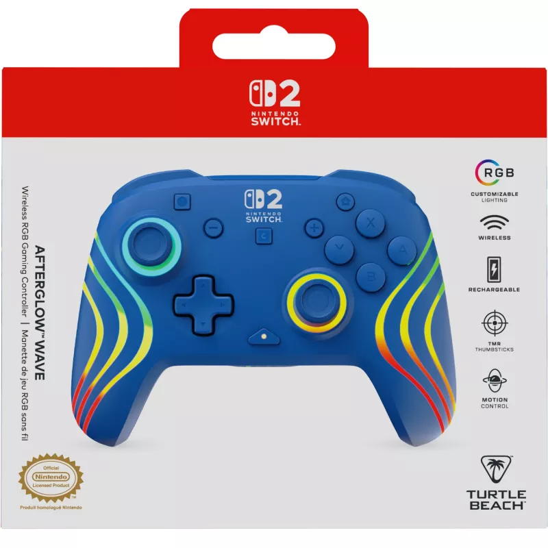 Káblový a bezdrôtový gamepad Turtle Beach Afterglow Wave Blue pre Nintendo Switch 2 – Bluetooth/USB-C, RGB, integrovaná 20-hodinová batéria, 3 m kábel