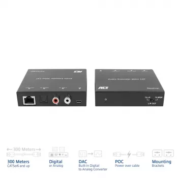 Audio extender set ACT AC7710 — digitálny/analógový cez Cat5e/Cat6 s DAC, TOSLINK I/O, až do 300 m, 5V USB napájaný