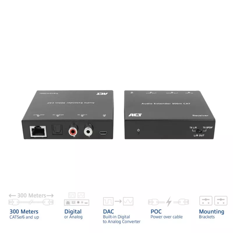 Audio extender set ACT AC7710 — digitálny/analógový cez Cat5e/Cat6 s DAC, TOSLINK I/O, až do 300 m, 5V USB napájaný
