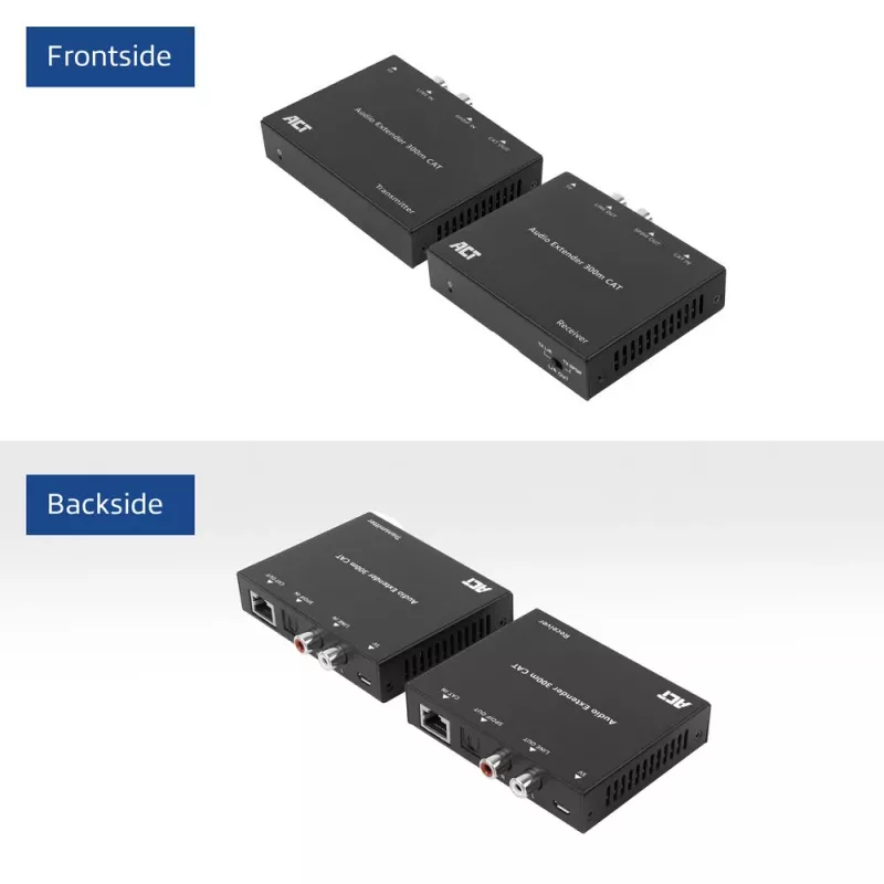 Audio extender set ACT AC7710 — digitálny/analógový cez Cat5e/Cat6 s DAC, TOSLINK I/O, až do 300 m, 5V USB napájaný