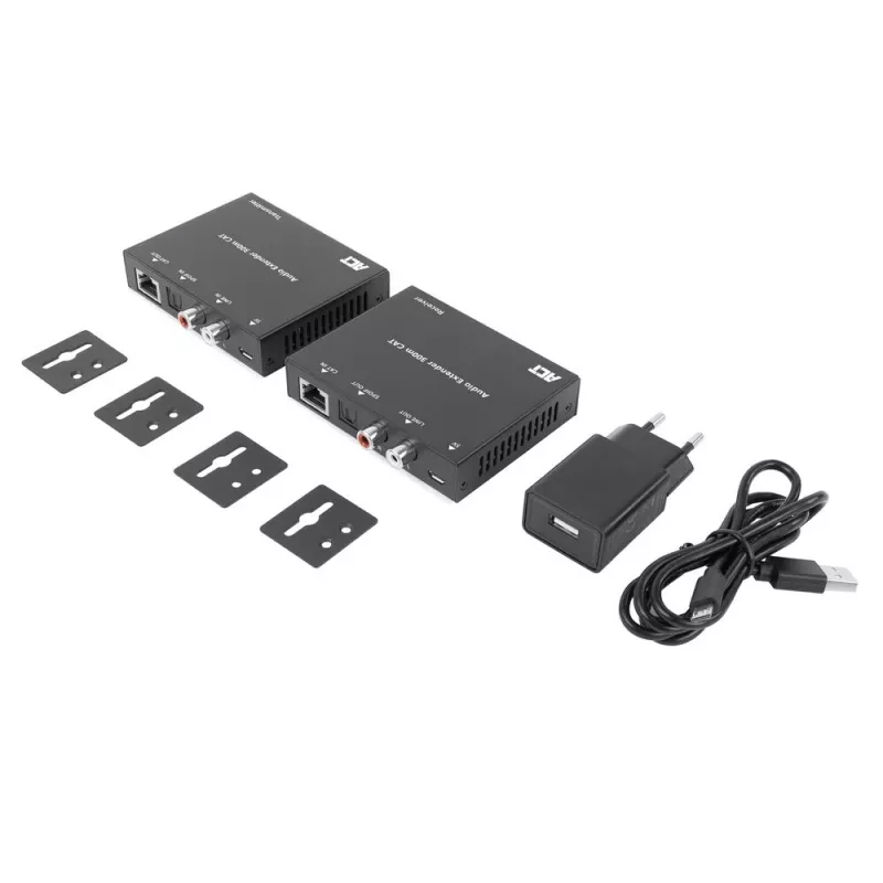 Audio extender set ACT AC7710 — digitálny/analógový cez Cat5e/Cat6 s DAC, TOSLINK I/O, až do 300 m, 5V USB napájaný