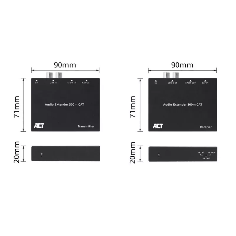 Audio extender set ACT AC7710 — digitálny/analógový cez Cat5e/Cat6 s DAC, TOSLINK I/O, až do 300 m, 5V USB napájaný