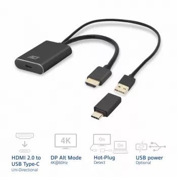ACT HDMI na USB Type-C konektor samica adaptér, 4K@60Hz. Dĺžka kábla: 0,25 m, konektor 1: USB Type-C, konektor 2: HDMI + USB. Množstvo v balení: 1 kus