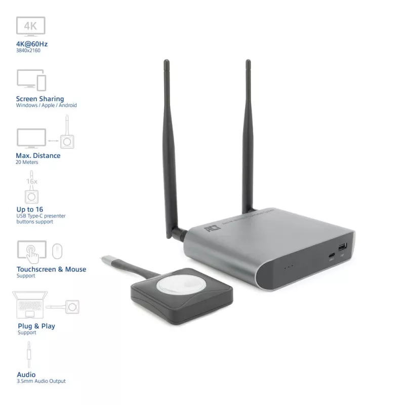 ACT Aero 4K bezdrôtový prezentačný systém, desktop, čierna, sivá, 3840 x 2160, 2160p, USB Type-C, USB