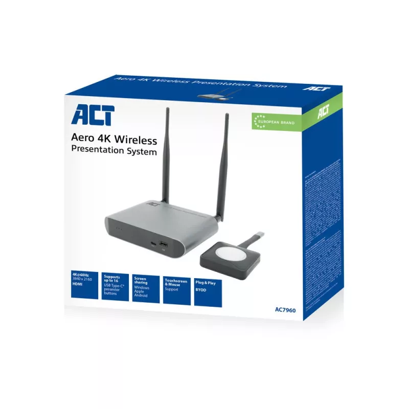 ACT Aero 4K bezdrôtový prezentačný systém, desktop, čierna, sivá, 3840 x 2160, 2160p, USB Type-C, USB