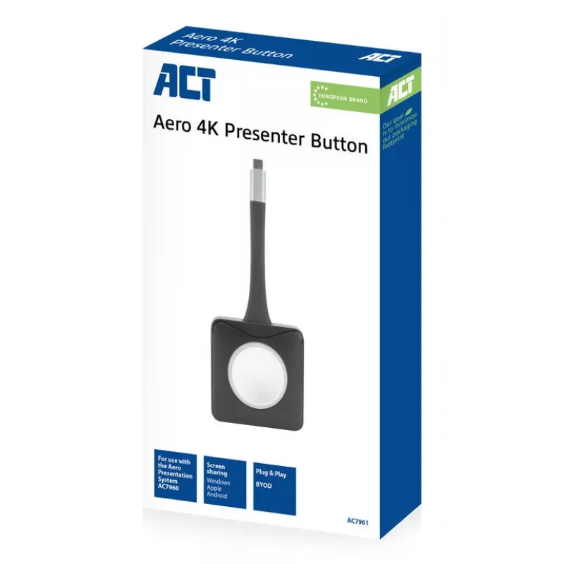 ACT Aero 4K Presenter Button, sada tlačidiel, čierna, 1 ks, 3840 x 2160, Aero 4K bezdrôtový prezentačný systém, 0 - 40 °C