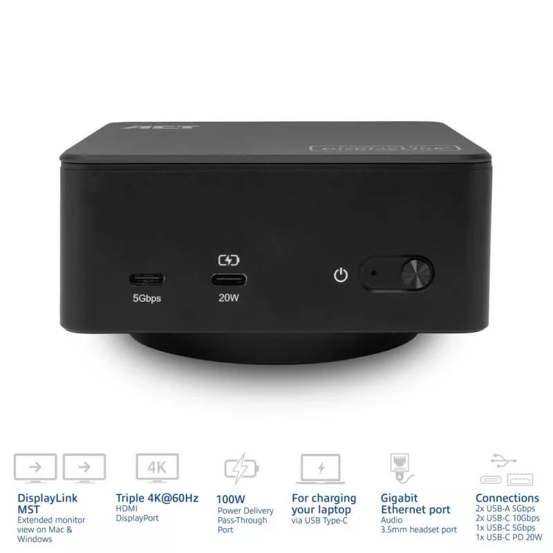 ACT univerzálna USB-C dokovacia stanica 4K, pre 3 monitory HDMI/DisplayPort, DisplayLink