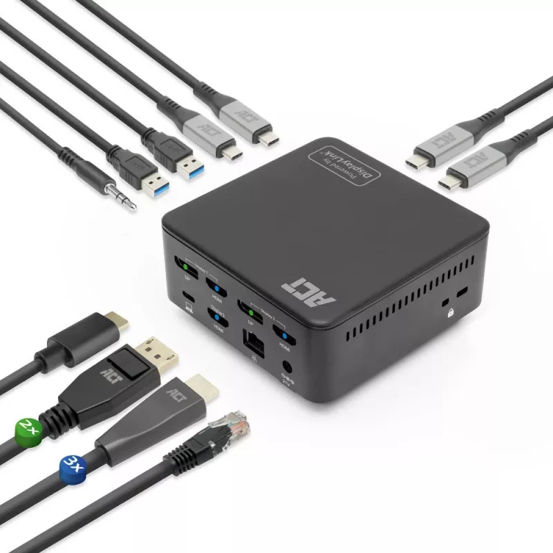 ACT univerzálna USB-C dokovacia stanica 4K, pre 3 monitory HDMI/DisplayPort, DisplayLink