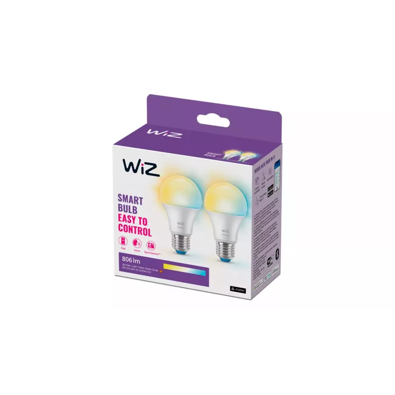 WiZ Bulb 60W A60 E27 x2, inteligentná žiarovka, Wi-Fi/Bluetooth, biela, Wi-Fi 4 (802.11n), 802.11b, 802.11g, LED, E27