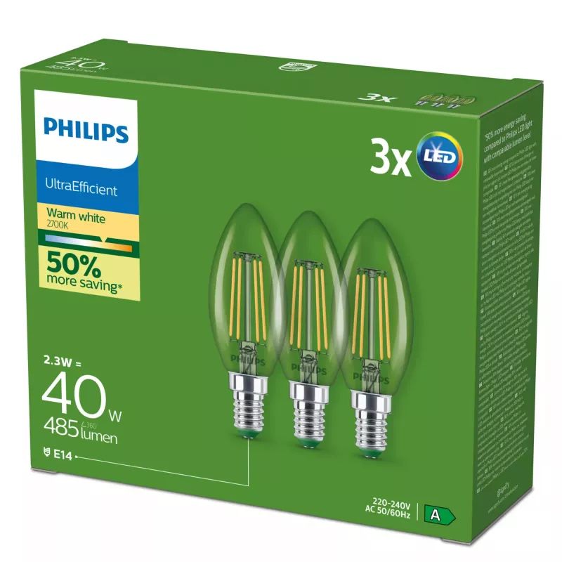 Philips Filament Candle Clear 40 W B35 E14 x3, 2,3 W, 40 W, E14, 485 lm, 50000 h, teplá biela