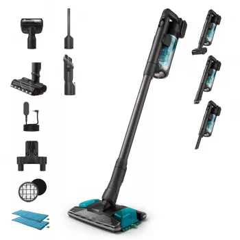 2-in-1 tyčový vysávač Philips XC8155/01 — batériový suchý a mokrý čistič bez vrecka, 25,2 V, 0,6 l zásobník na prach, modrý