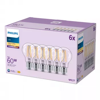 Philips filamentová žiarovka číra 60 W A60 E27 x6, 7 W, 60 W, E27, 806 lm, 15000 h