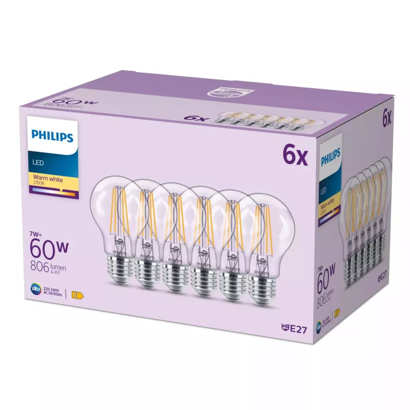 Philips filamentová žiarovka číra 60 W A60 E27 x6, 7 W, 60 W, E27, 806 lm, 15000 h
