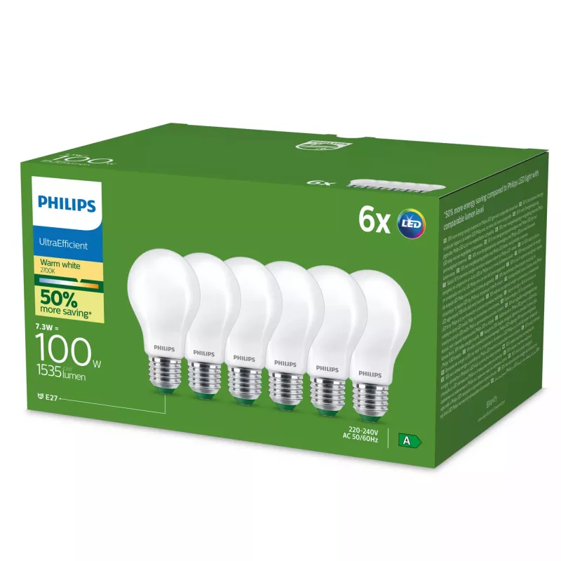 Philips Ultra Efficient LED žiarovka E27 A60, 7,3 W (ekvivalent 100 W), 2700 K, balenie po 6 ks