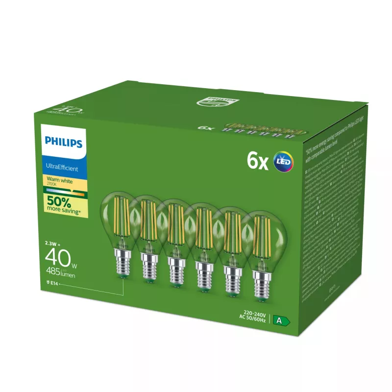 Philips Ultra Efficient LED žiarovka E14 P45, 2,1 W (ekvivalent 40 W), 2700 K, balenie po 6 ks