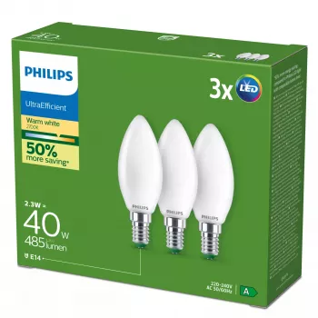 Philips Ultra Efficient LED žiarovka E14 B35, 2,1 W (ekvivalent 40 W), 2700 K, balenie po 3 ks