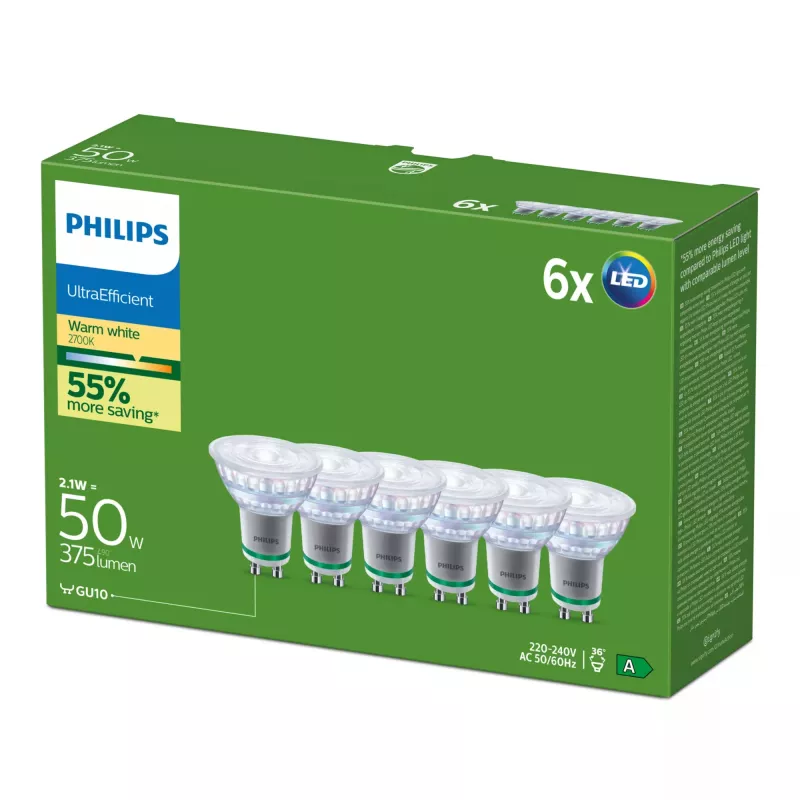 Philips Ultra Efficient LED žiarovka GU10, 2,1 W (ekvivalent 50 W), 2700 K, 36 stupňov, balenie po 6 ks