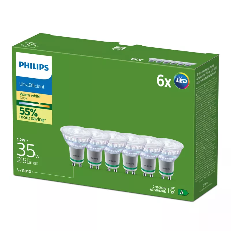 Philips Ultra Efficient LED žiarovka GU10, ekvivalent 35 W, 2700 K, 36 stupňov, balenie po 6 ks