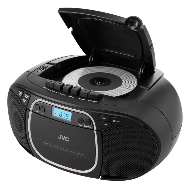 Prenosný CD prehrávač JVC RC-E451B čierna — CD/MP3, Bluetooth, FM 87,5–108 MHz, USB, AUX, 3,2 W RMS