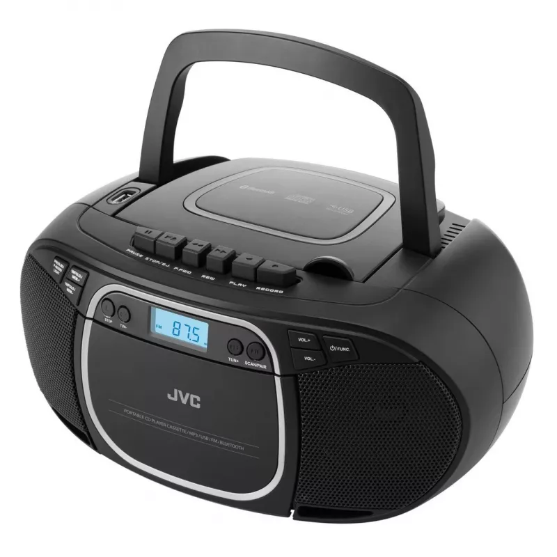 Prenosný CD prehrávač JVC RC-E451B čierna — CD/MP3, Bluetooth, FM 87,5–108 MHz, USB, AUX, 3,2 W RMS