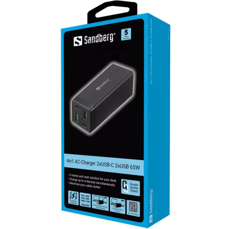 SANDBERG napájací zdroj - 65 watt - 3,25 A - PD, QC - 4 výstupné porty (2 x USB, 2 x USB-C)
