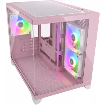 Skriňa Mini-Tower PC Cougar FV150 ARGB – ružová, podporuje 2x 120/140 mm bočné ventilátory, 1x 120 mm zadný, 2,5