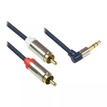 Audio prepojovací kábel High-Quality 3,5 mm, jack konektor samec zahnutý doprava na 2x RCA konektor samec, celokovové puzdro, tmavomodrá, 3 m, Good Connections (GC-M0066