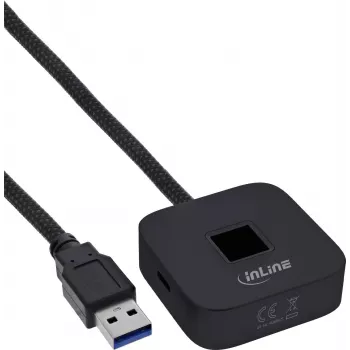 InLine USB čítačka odtlačkov prstov s hubom, kompatibilná s Windows Hello, 1,5 m kábel, čierna