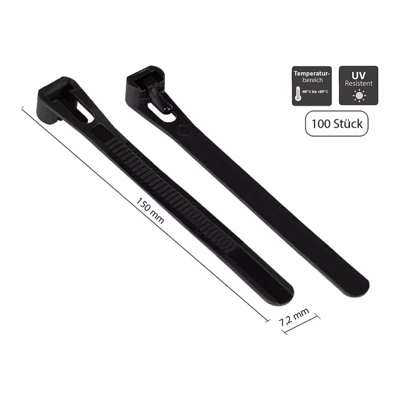 Opakovane použiteľná káblová páskа 150 mm x 7,2 mm, čierna, UV odolná, -40 °C až +85 °C, 100 ks (KAB-R15S72)