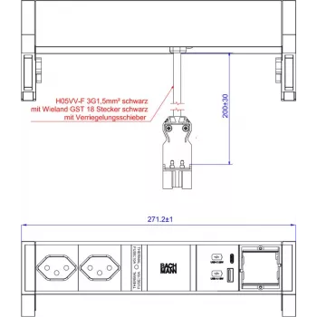 Bachmann DESK 2 zásuvková lišta, 2x CH typ J (T13), USB-A a USB-C, čierna