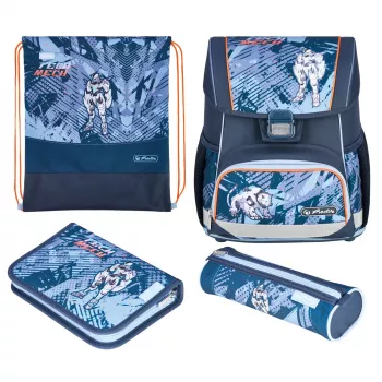 Školská aktovka set HERLITZ Loop Plus TechMech pre chlapcov — polyester, pozostáva zo školskej aktovky, športovej tašky, peračníka, vrecúška na peračník