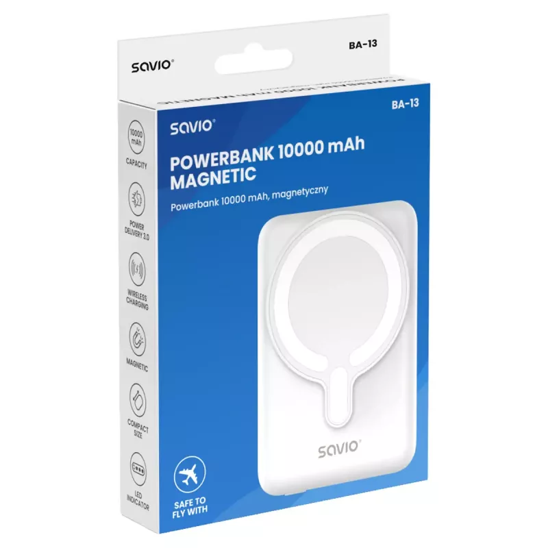 Powerbank SAVIO BA-13 10000 mAh s 20 W výstupom a bezdrôtovým nabíjaním, biela