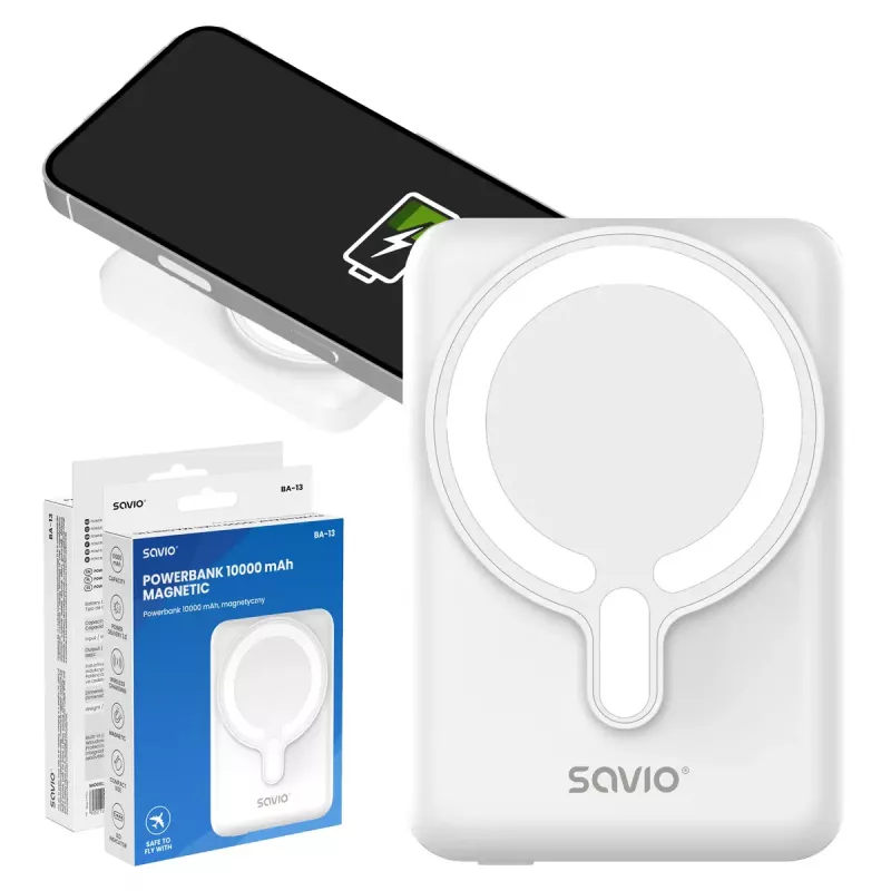 Powerbank SAVIO BA-13 10000 mAh s 20 W výstupom a bezdrôtovým nabíjaním, biela