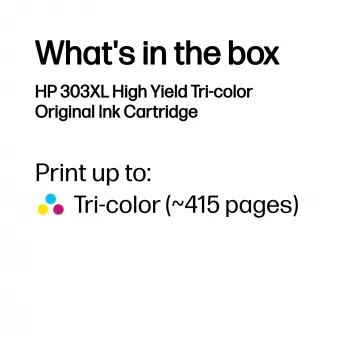 HP 303XL High Yield Tri-Color originálna tlačová kazeta, vysoká, azúrová, purpurová, žltá, atrament na báze farbiva, 1 ks, 415 strán, jednotlivé balenie