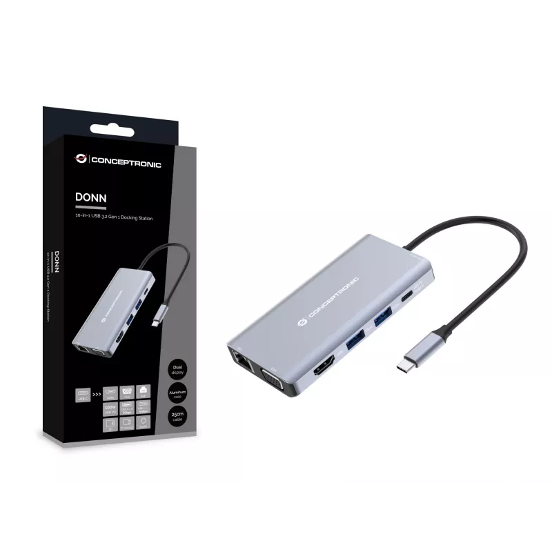 Conceptronic DONN20G 10-in-1 USB 3.2 Gen 1 dokovacia stanica, HDMI, VGA, USB-A 5 Gbit/s, USB-C 5 Gbit/s, SD, TF/MicroSD, audio, GbE LAN, 100 W USB PD