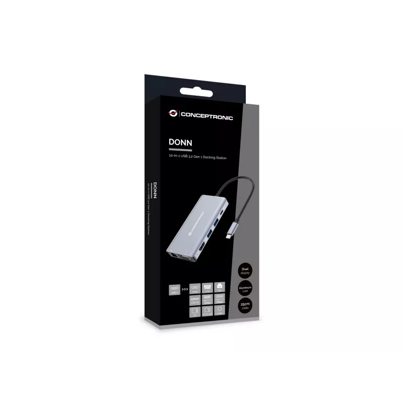 Conceptronic DONN20G 10-in-1 USB 3.2 Gen 1 dokovacia stanica, HDMI, VGA, USB-A 5 Gbit/s, USB-C 5 Gbit/s, SD, TF/MicroSD, audio, GbE LAN, 100 W USB PD