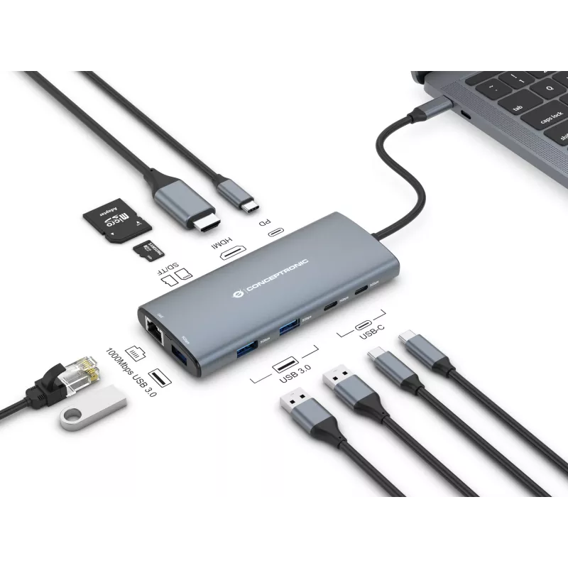 Conceptronic DONN06G 10-in-1 USB 3.2 Gen 1 dokovacia stanica, HDMI, 100 W USB PD, USB-C 5 Gbit/s x 2, USB-A 5 Gbit/s x 3, SD, TF/MicroSD, GbE