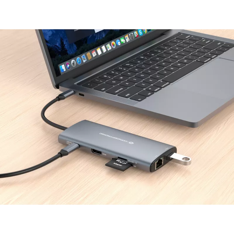 Conceptronic DONN06G 10-in-1 USB 3.2 Gen 1 dokovacia stanica, HDMI, 100 W USB PD, USB-C 5 Gbit/s x 2, USB-A 5 Gbit/s x 3, SD, TF/MicroSD, GbE