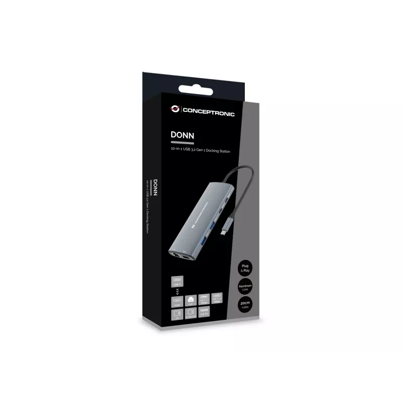 Conceptronic DONN06G 10-in-1 USB 3.2 Gen 1 dokovacia stanica, HDMI, 100 W USB PD, USB-C 5 Gbit/s x 2, USB-A 5 Gbit/s x 3, SD, TF/MicroSD, GbE