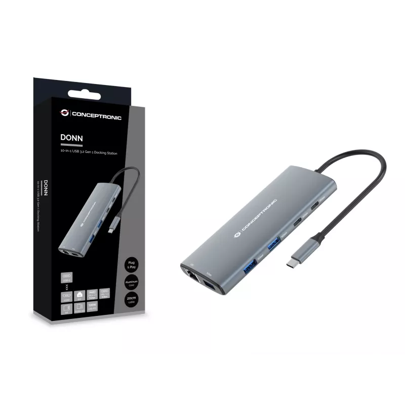 Conceptronic DONN06G 10-in-1 USB 3.2 Gen 1 dokovacia stanica, HDMI, 100 W USB PD, USB-C 5 Gbit/s x 2, USB-A 5 Gbit/s x 3, SD, TF/MicroSD, GbE
