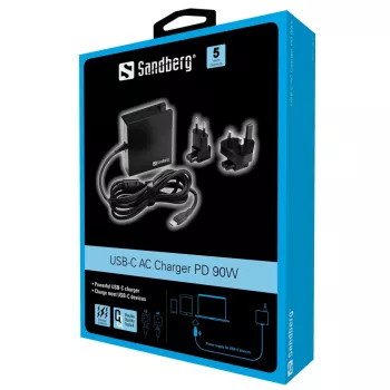 Sandberg USB-C PD AC nabíjačka 90W EU+UK, interiér, AC, 20,2 V, 4,5 A, 1,8 m, čierna