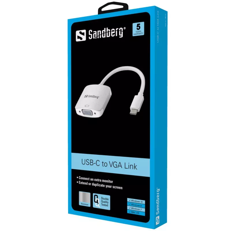 Sandberg USB-C na VGA Link, USB Type-C, VGA (D-Sub), konektor samec, konektor samica, 1920 x 1080 (HD 1080), 2048 x 1152, 1080p