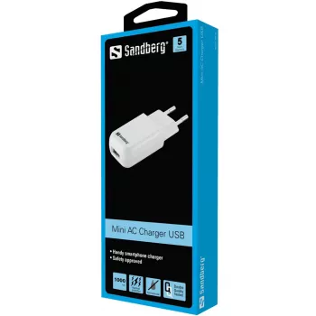 Sandberg mini AC nabíjačka USB 1A EU, interiér, AC, 5 V, čierna, biela